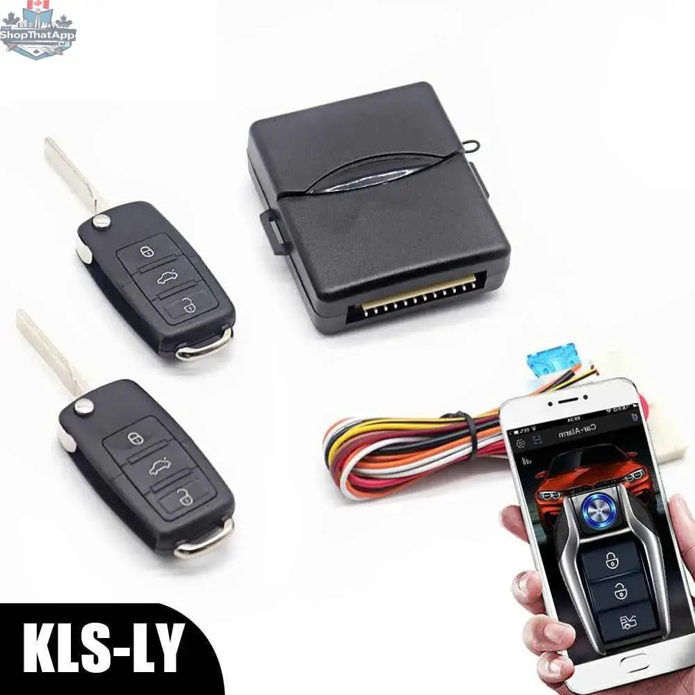 777tech car keyless entry remote start kit with smartphone control, showing the compact universal push-button system and remote device.
