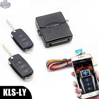 777tech car keyless entry remote start kit with smartphone control, showing the compact universal push-button system and remote device.