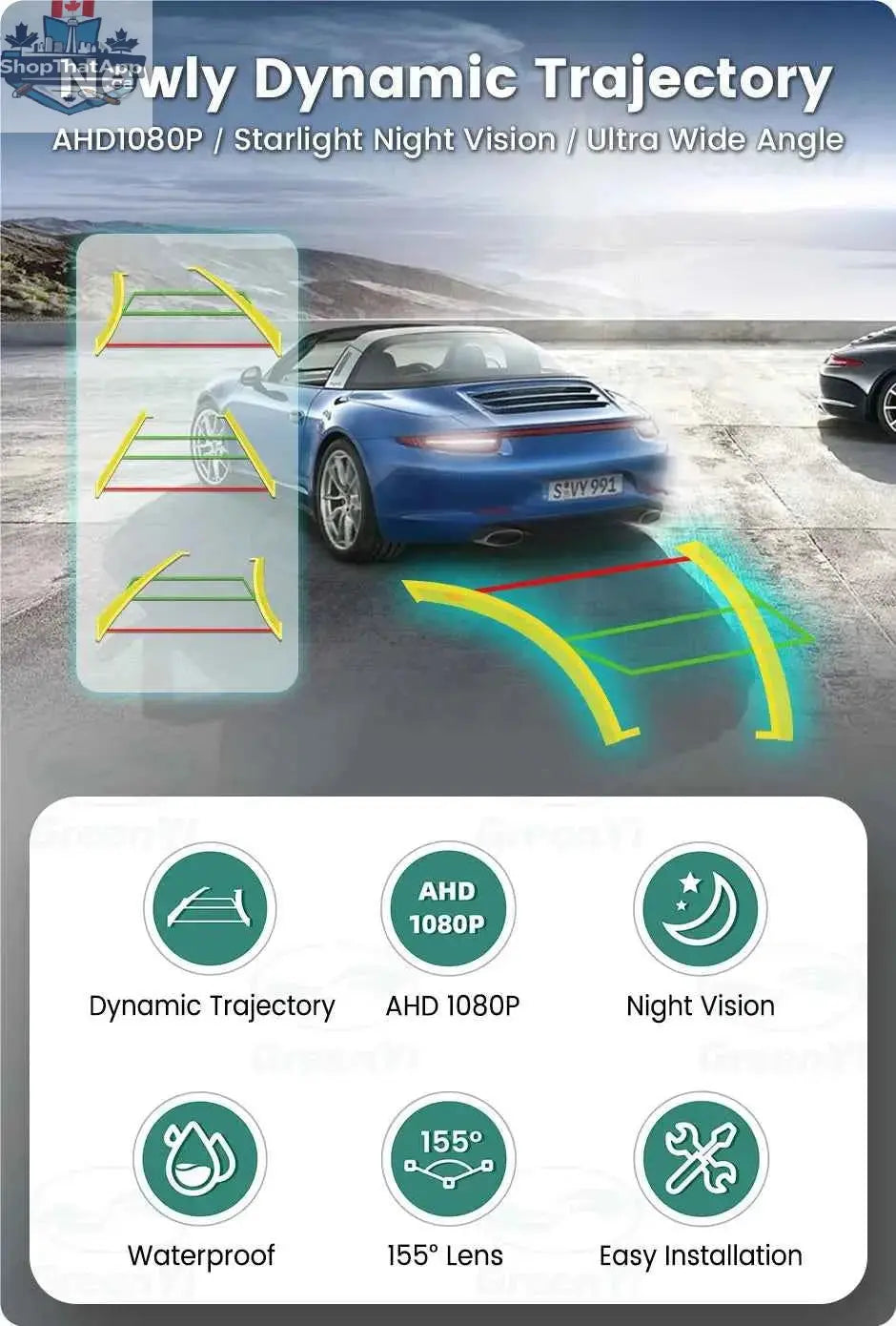 777tech AHD backup camera for Ford Focus, Mondeo, Ranger, Explorer, C-Max, Kuga, Fiesta, Fusion, with dynamic trajectory display.