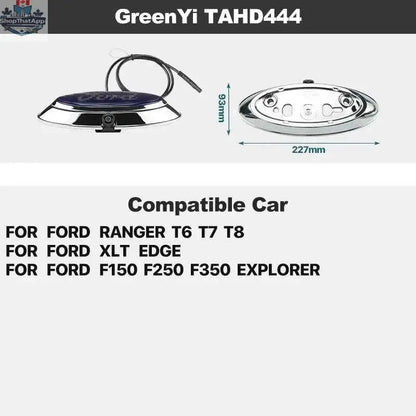 AHD backup camera by 777tech installed on a Ford Focus, showing dynamic trajectory lines on the screen for improved rear visibility.