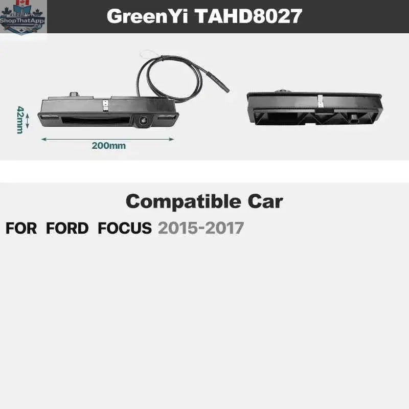 AHD backup camera by 777tech mounted on a Ford Focus MK2, showing dynamic trajectory lines on the screen during parking.