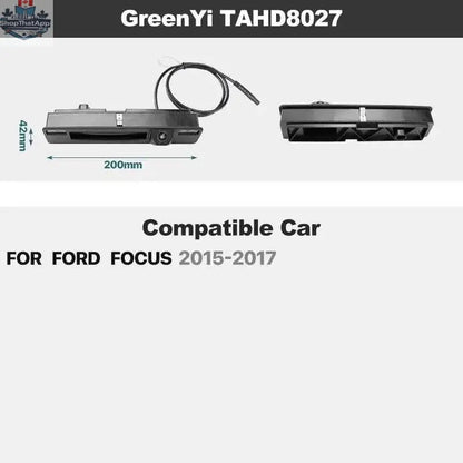 AHD backup camera by 777tech mounted on a Ford Focus MK2, showing dynamic trajectory lines on the screen during parking.