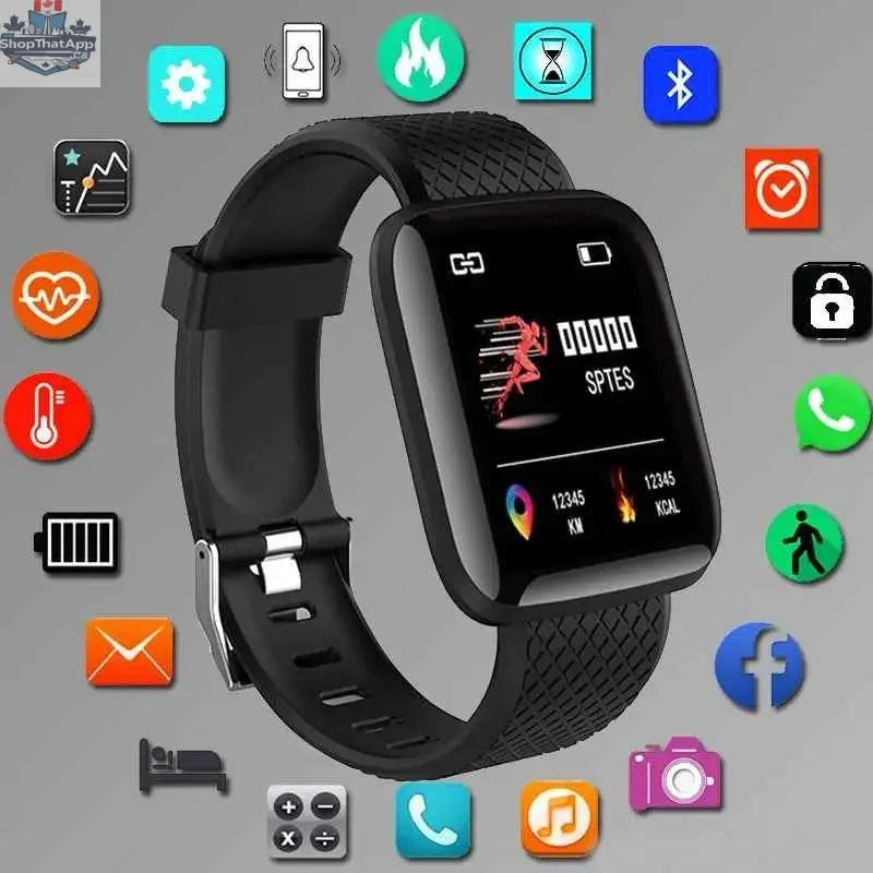 Digital smartwatch by 777tech showing a sleek wearable design, fitness tracking features, and a colorful digital display.