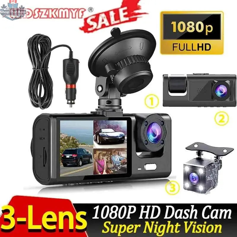 777tech 3-channel dash cam with front and rear cameras, 1080P video recorder, black box car DVR, and rear view camera.