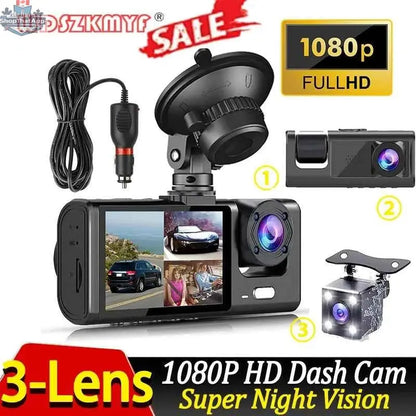 777tech 3-channel dash cam with front and rear cameras, 1080P video recorder, black box car DVR, and rear view camera.