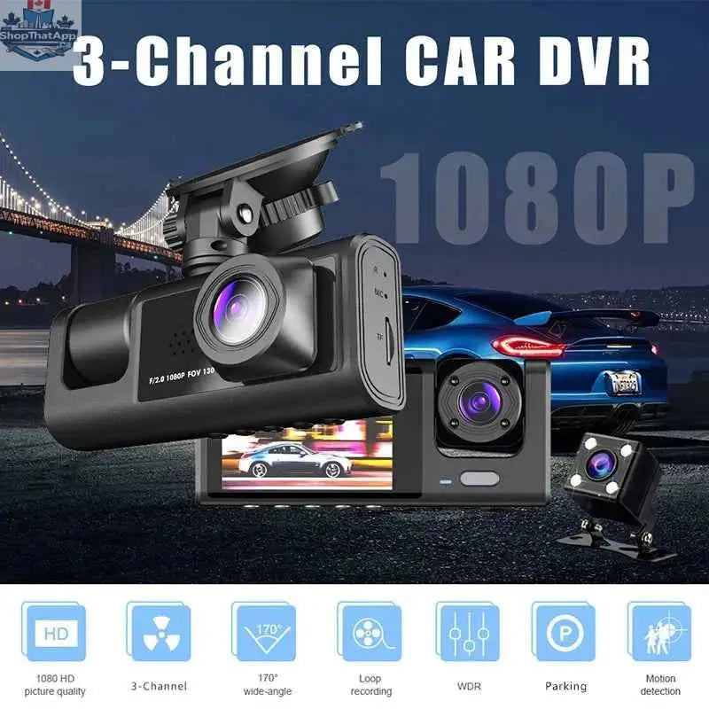 777tech 3-channel car dash cam with front and rear 1080P video recorder, black box DVR, and rear view camera for vehicle safety.