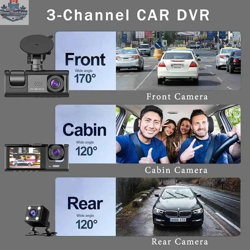 777tech 3-channel car dash cam with front and rear 1080P video recording, black box DVR, and rear view camera for vehicle safety