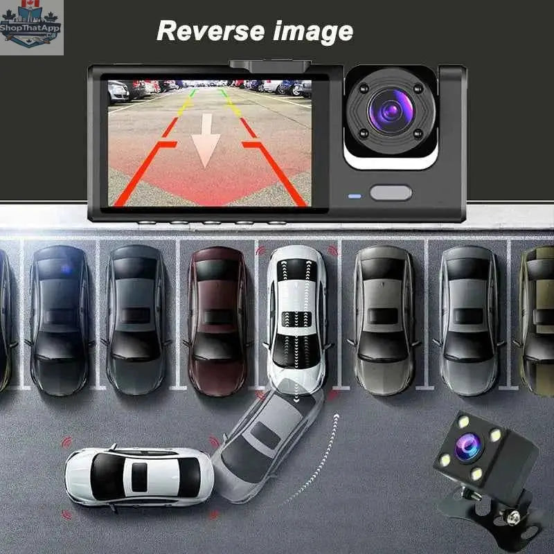 777tech 3-channel car dash cam with front and rear 1080P video recorder, black box DVR, and rear view camera for vehicle safety.