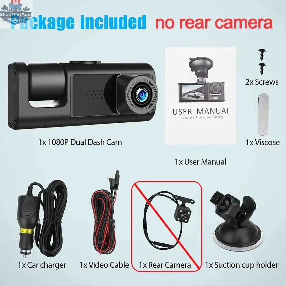 777tech 3-channel car dash cam with front and rear 1080P video recorder, black box DVR, and rear view camera for vehicle security.