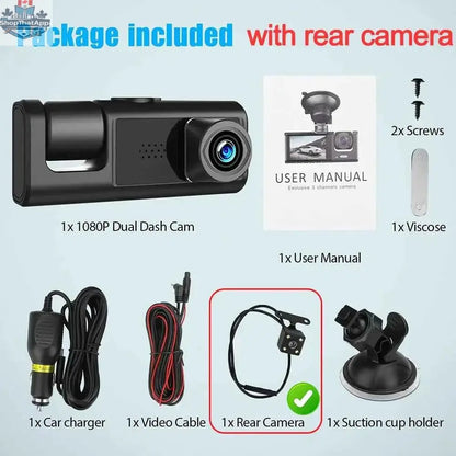 777tech 3-channel car dash cam with front and rear 1080P cameras, black box DVR for vehicle recording and rear view footage