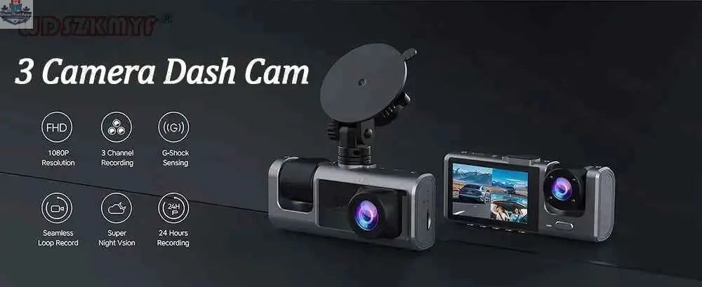 777tech 3-channel car dash cam with front and rear 1080P video recording, black box DVR for vehicle safety and accident recording.