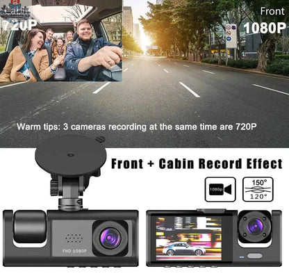 777tech 3-channel car dash cam with front and rear 1080P video recording, black box DVR, and rear view camera for vehicle security