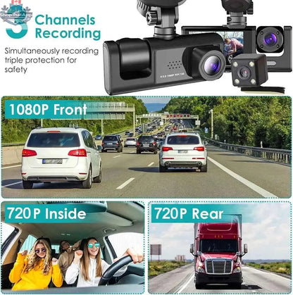 777tech 3-channel dash cam with front and rear 1080P cameras, black box recorder, car DVR, and rear view camera for vehicle safety