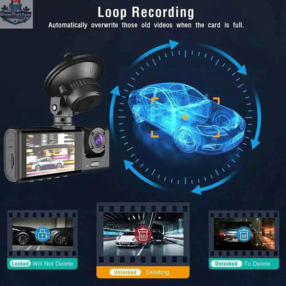 777tech 3-channel car dash cam with front and rear 1080P video recording, black box DVR with rear view camera for vehicle safety