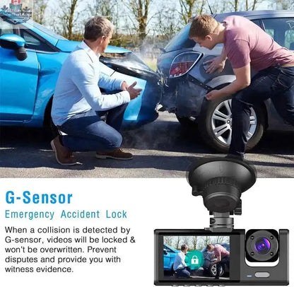 777tech 3-channel car dash cam with front and rear 1080P cameras, black box video recorder, and rear view camera for vehicle safety