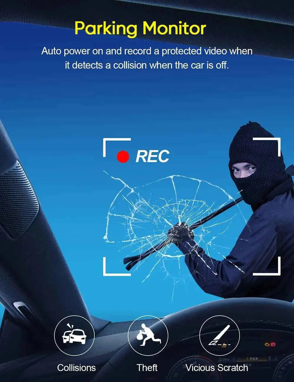 777tech 3-channel car dash cam with front and rear 1080P cameras, black box DVR for car security and road recording.