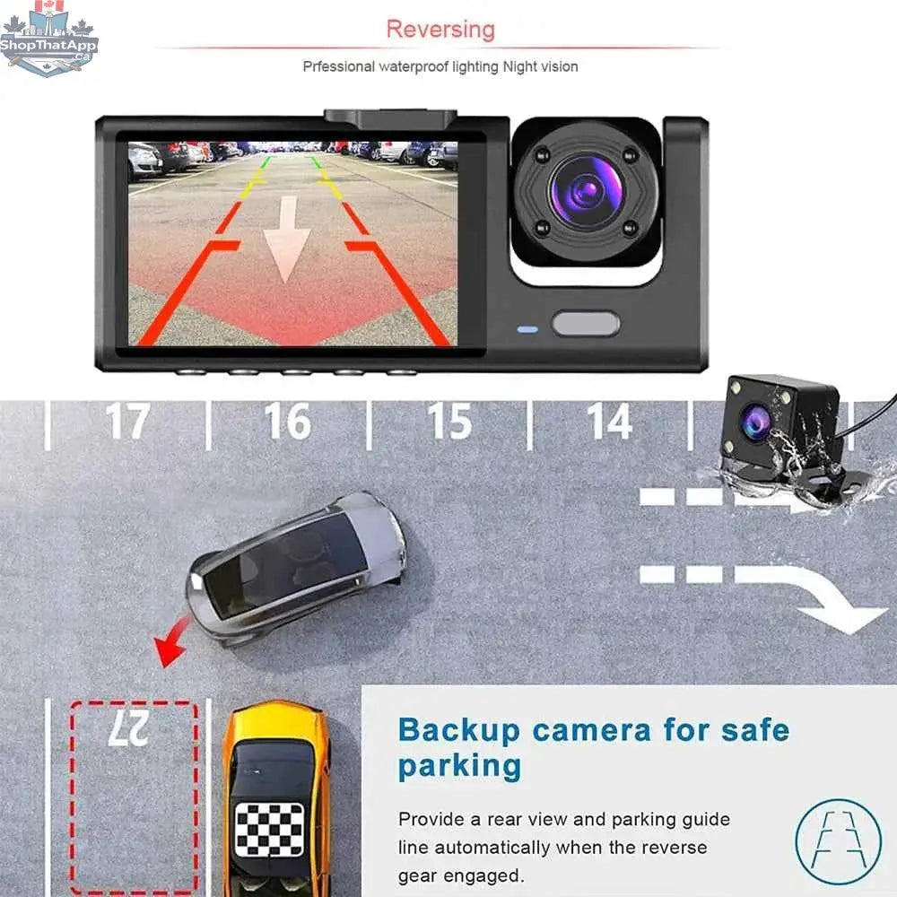 777tech 3-channel car dash cam with front and rear 1080P video recorder and black box dashcam for vehicle safety.
