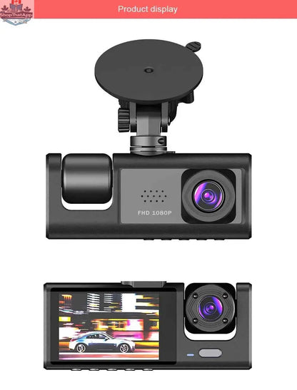777tech 3-channel car dash cam with front and rear 1080P video recording, black box DVR, mounted inside vehicle for safety.