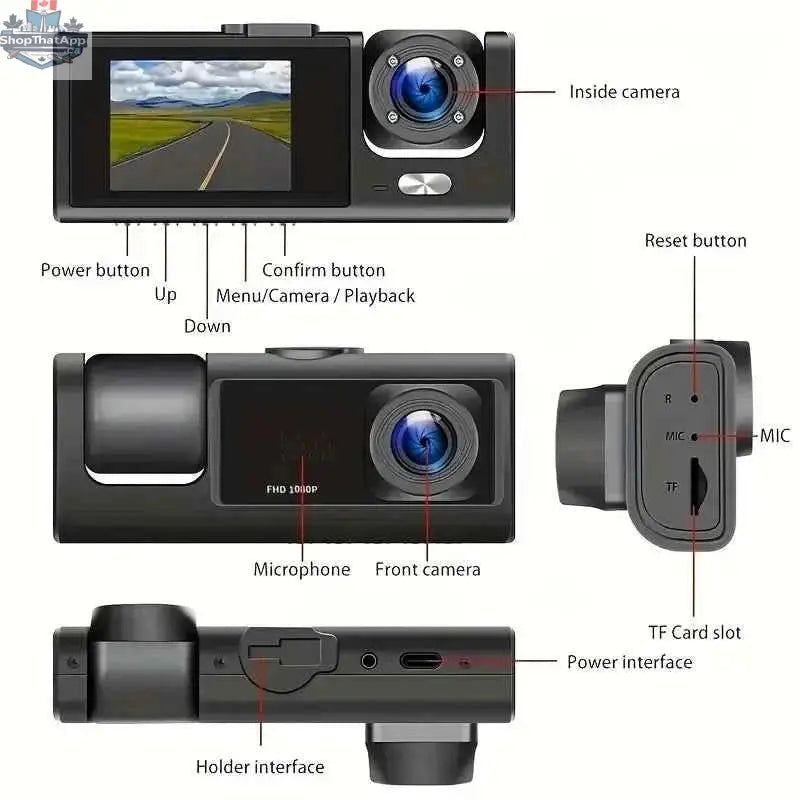 777tech 3-channel car dash cam with front and rear 1080p video recording, black box DVR for vehicle safety and recording.