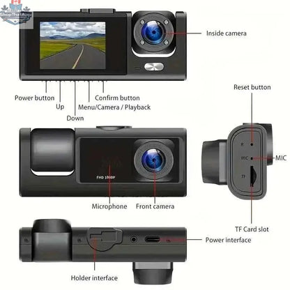 777tech 3-channel car dash cam with front and rear 1080p video recording, black box DVR for vehicle safety and recording.