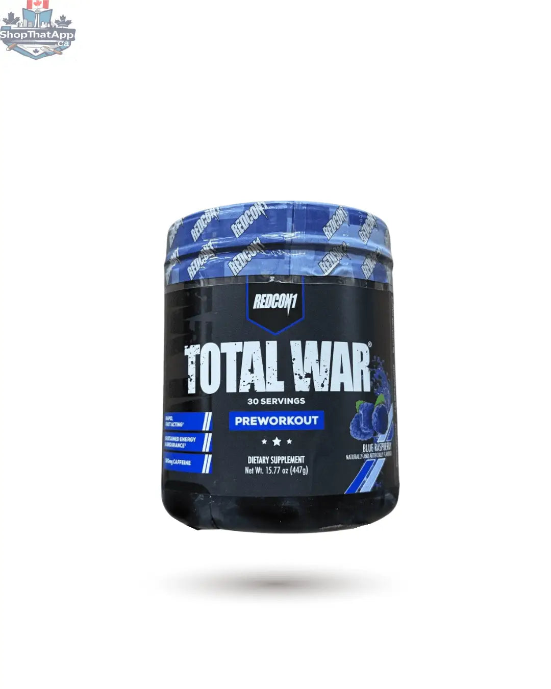 Redcon1 Total War pre-workout powder by BulkBully Supplements, featuring a vibrant red container for energy and focus.