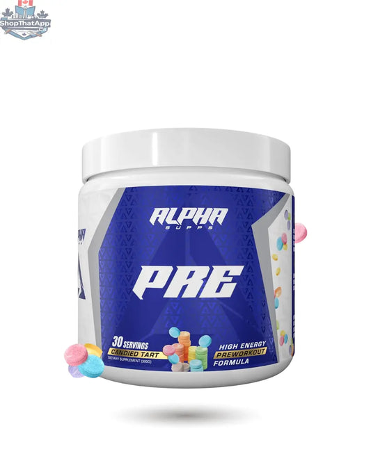 BulkBully Supplements Alpha Supps Pre-Workout powder in a container with a scoop, ready for energy and performance enhancement.