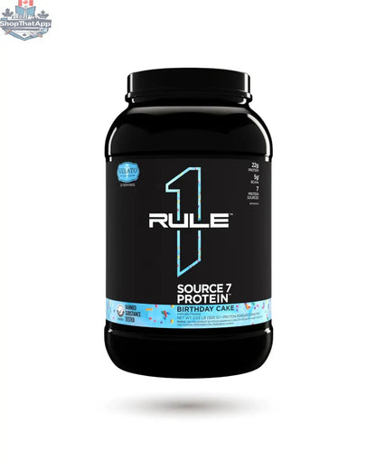 BulkBully Supplements Rule1 Protein Powder container with label showcasing Source 7 high-quality protein for optimal performance.