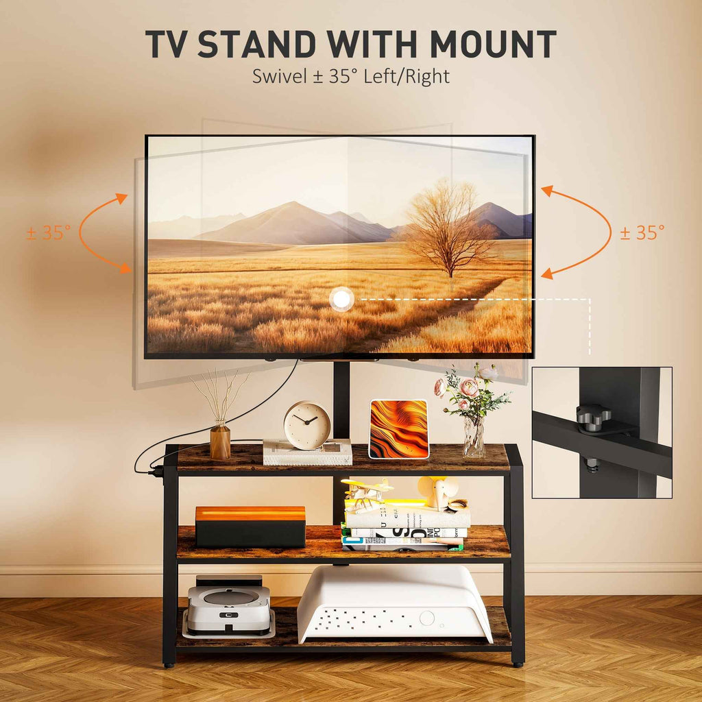 Bay TV Stand with Swivel Mount, Power Outlet and LED Lights for 32-70" TVs-Rustic Brown
