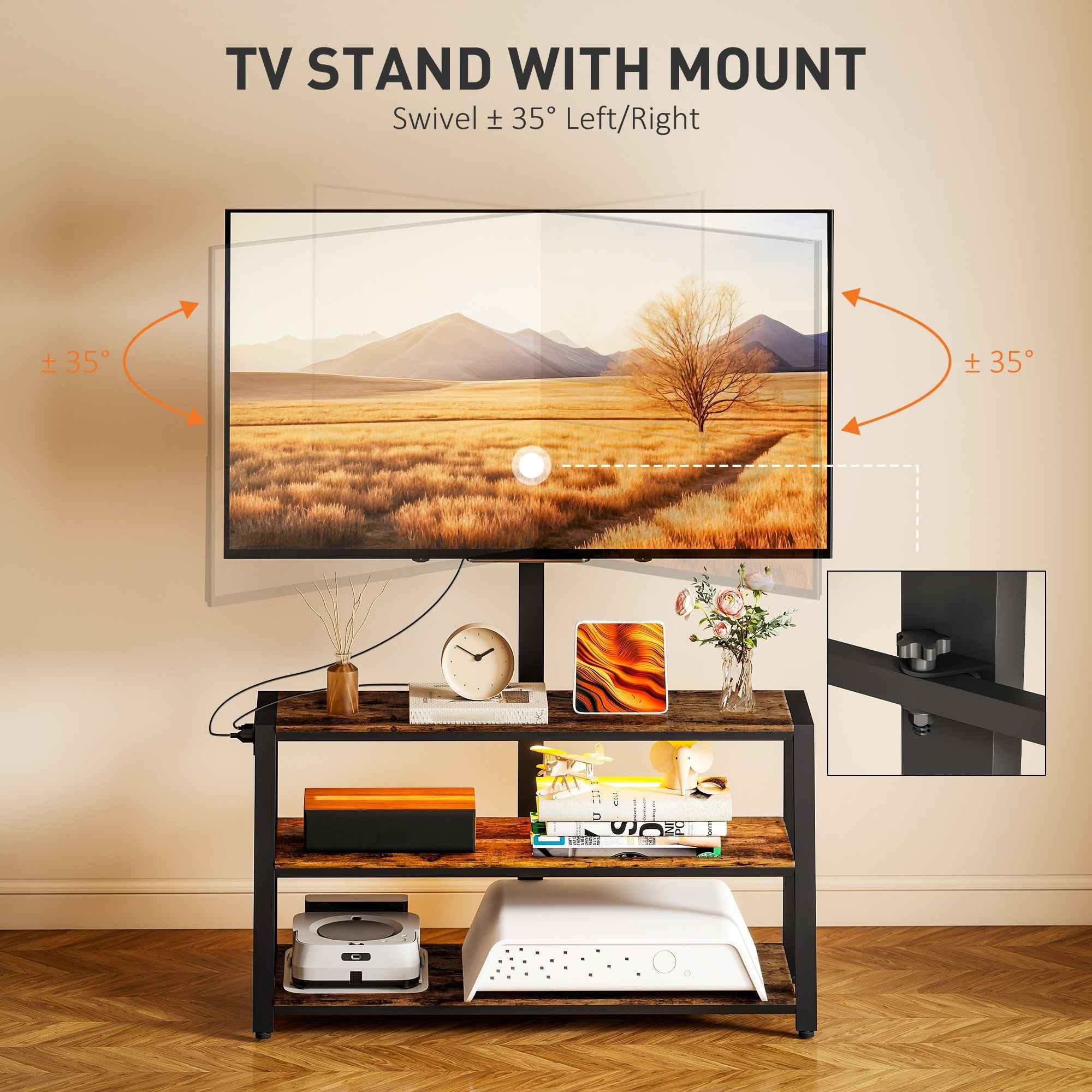 Bay TV Stand with Swivel Mount, Power Outlet and LED Lights for 32-70" TVs-Rustic Brown