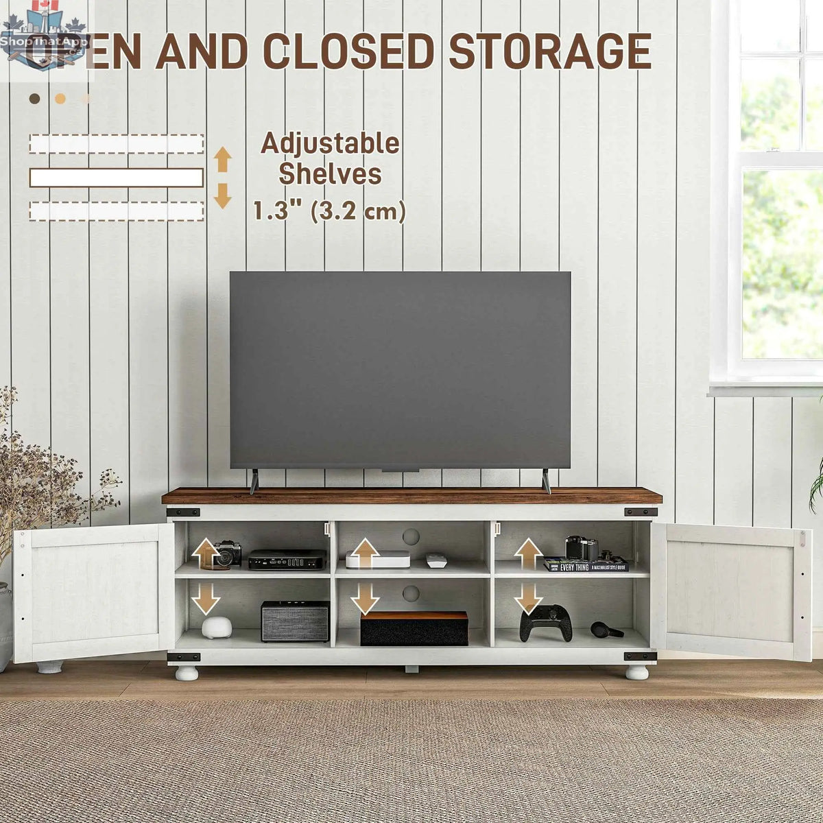 Distressed white Kirby Farmhouse TV stand with small minimalist barn doors for 65-inch TVs, from SLOTH Nation.