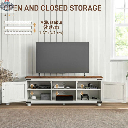Distressed white Kirby Farmhouse TV stand with small minimalist barn doors for 65-inch TVs, from SLOTH Nation.