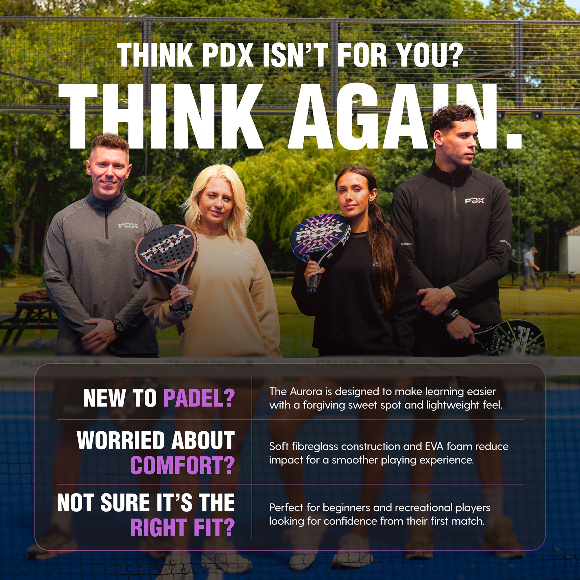 PDX Aurora Beginner Padel Racket | Complimentary Racket Carrier Bag | 30% Carbon 70% Fibreglass | 355g Round | Control