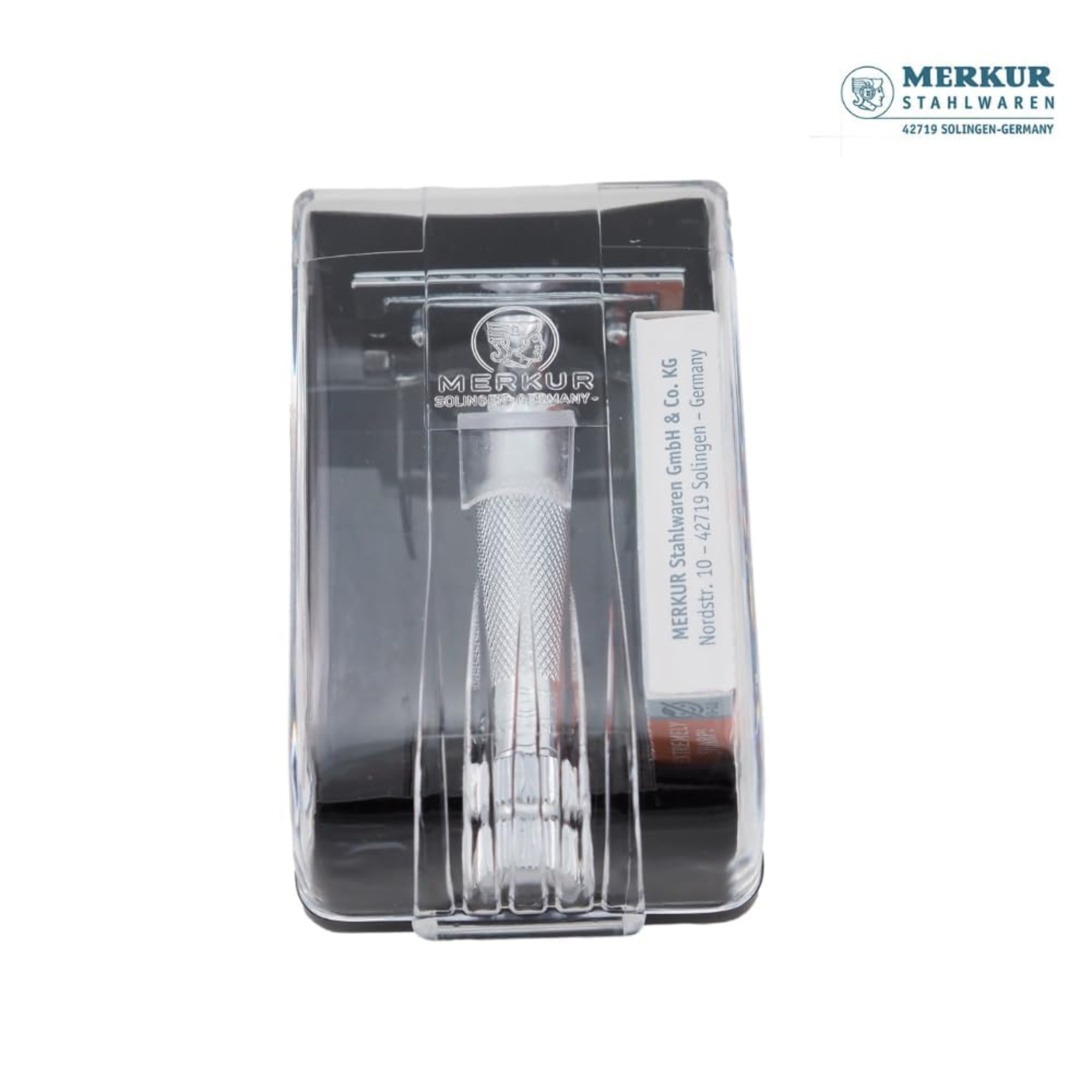 Merkur 34C Safety Razor with Knurled Extra Thick Handle in Chrome - 2-Piece DE Razor Case with 10 Blades