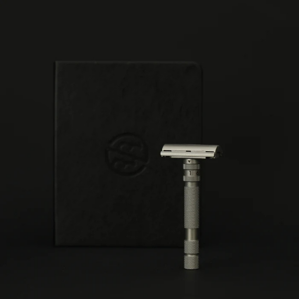 Rockwell T2 Adjustable DE Safety Razor - Matte Silver Stainless Steel Twist-To-Open Design
