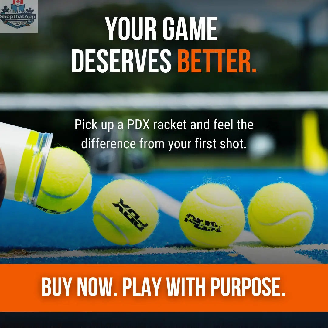 Four yellow PDX tennis balls on a blue court with a plastic tube, featuring text Your game deserves better.
