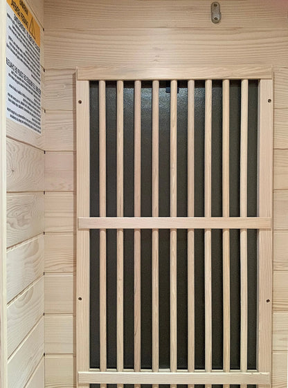 Zoppinh Blisspod Vienna Far Infrared Sauna for One made of Canadian Hemlock with low EMF, shown with interior seating and control panel.