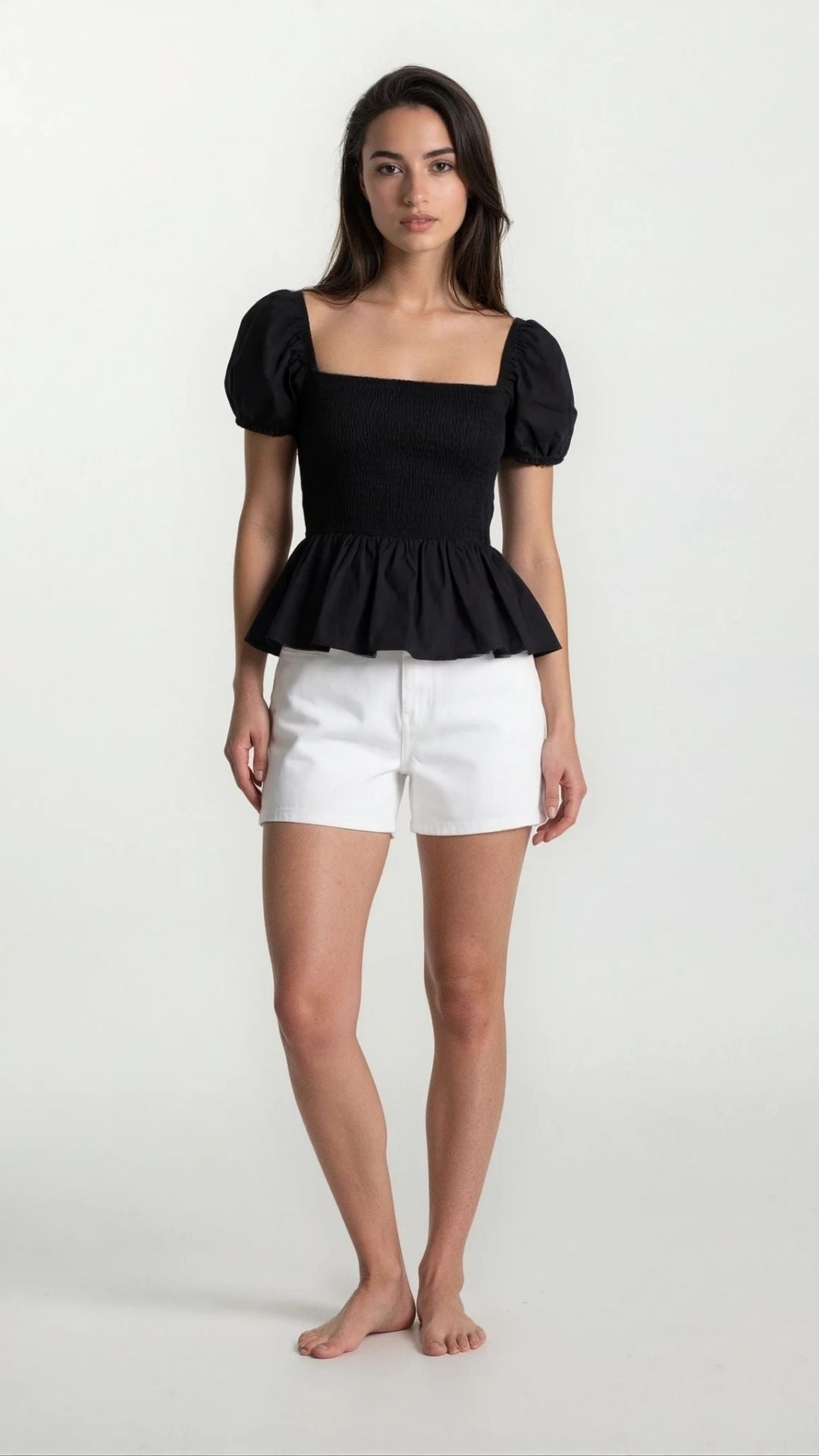 Sera Cotton Poplin Puff Sleeve Blouse - Black Peplum Top - Shopthatapp.ca