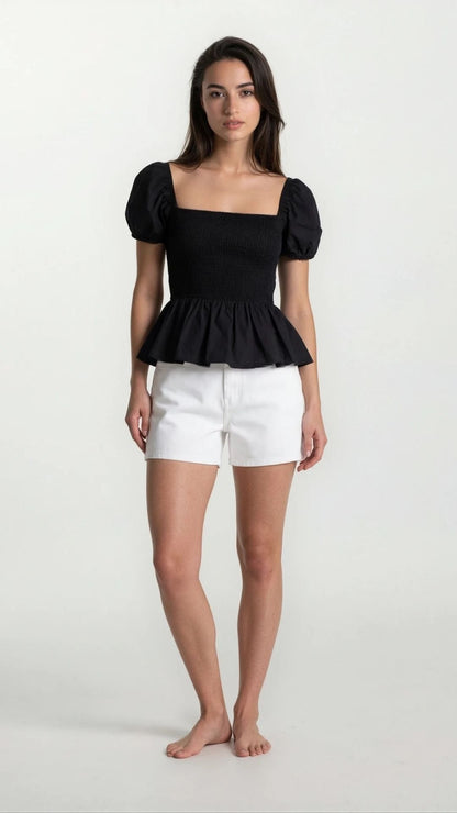 Sera Cotton Poplin Puff Sleeve Blouse - Black Peplum Top - Shopthatapp.ca