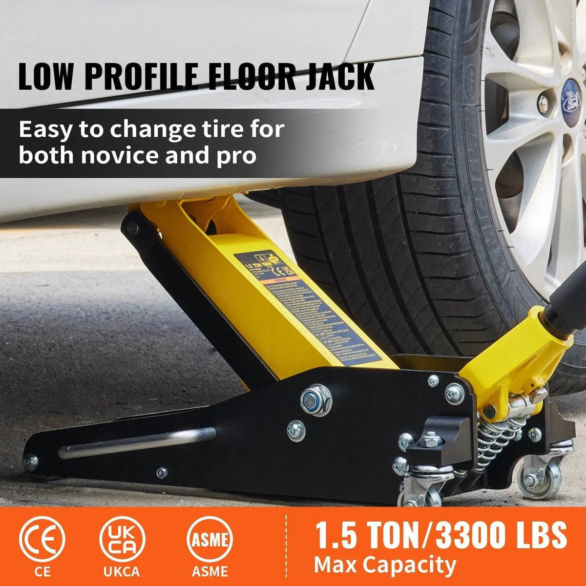 Aluminum steel 1.5 ton low profile racing car jack with dual lift design, compact and sturdy for vehicle maintenance.