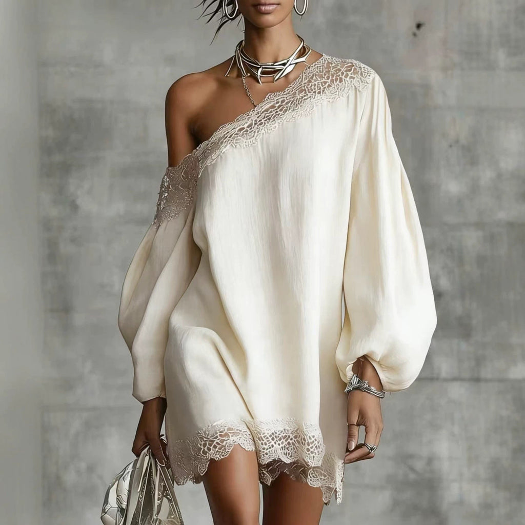 Women's Off-Shoulder Long Sleeve Mini Dress | Lace Trim Dress
