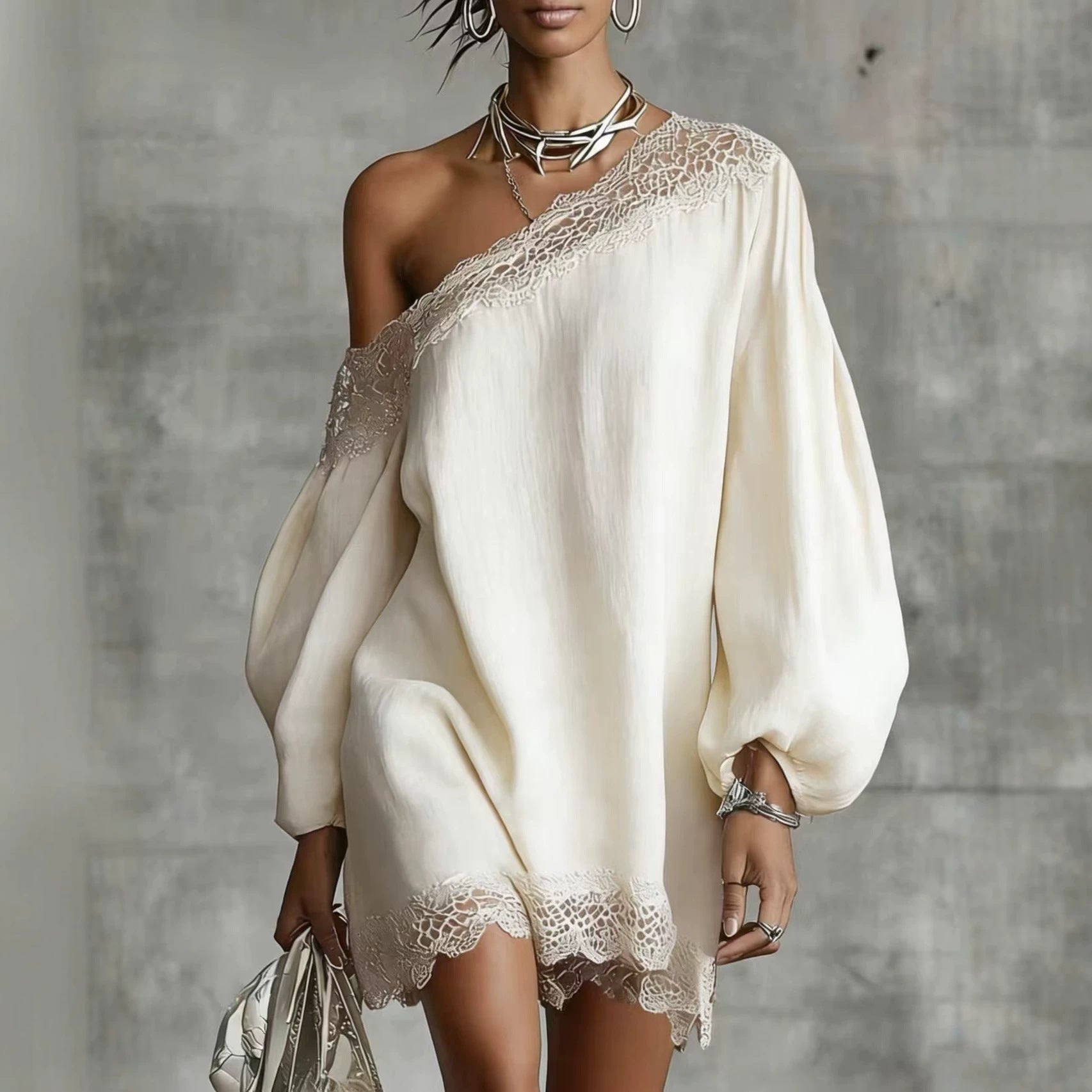 Women's Off-Shoulder Long Sleeve Mini Dress | Lace Trim Dress