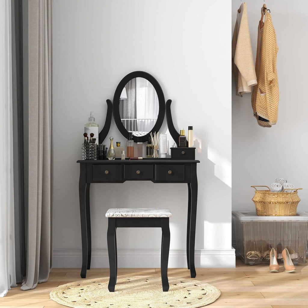 Emma Vanity Desk with Padded Stool and 360° Rotating Oval Mirror-Black