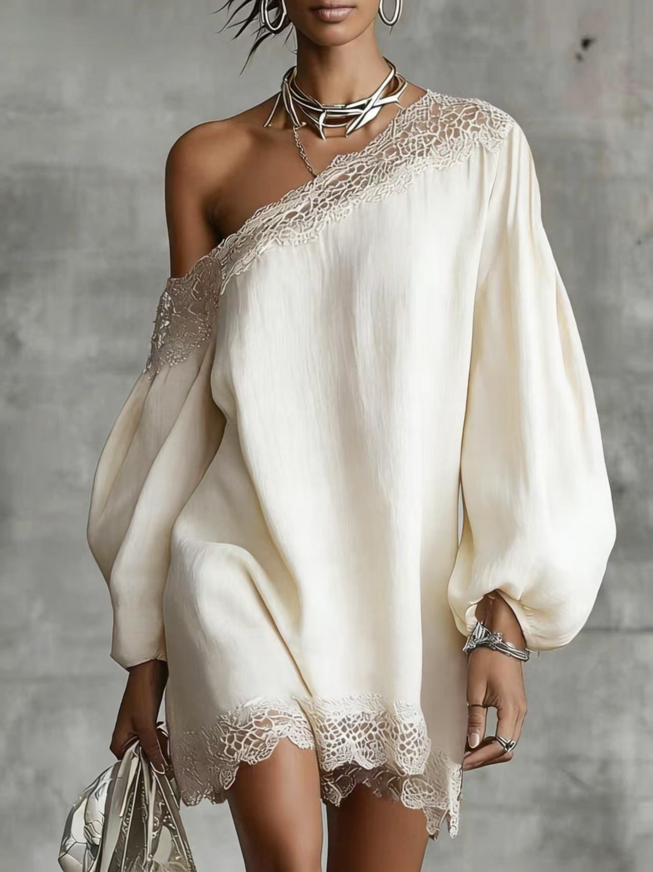 Women's Off-Shoulder Long Sleeve Mini Dress | Lace Trim Dress