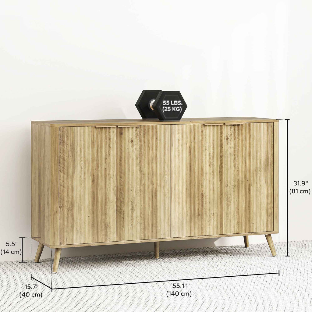Rory 55" Modern Buffet Sideboard with 4 Fluted Doors and 2 Adjustable Shelves-Oak