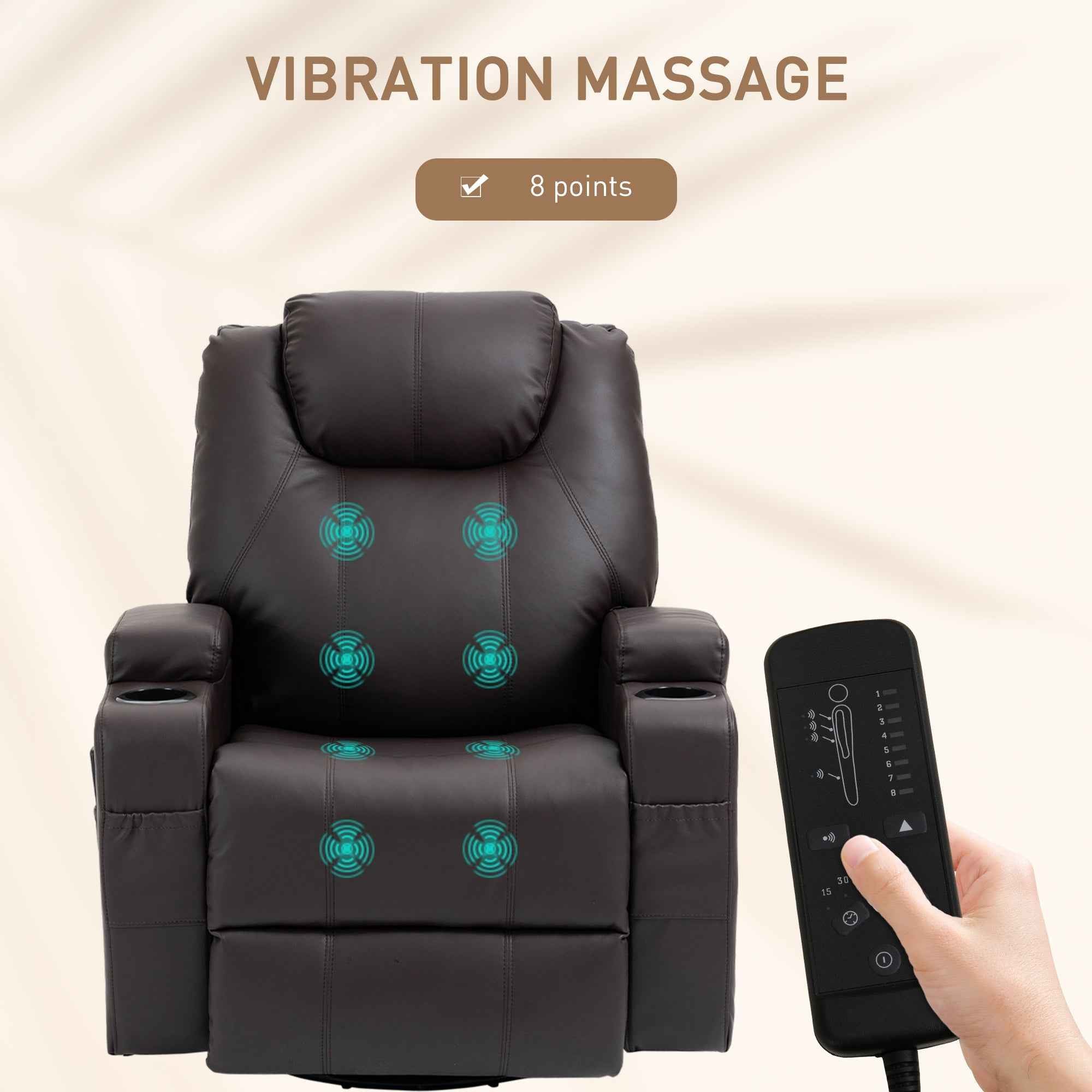 Brady Massage Recliner Chair with Swivel, Rocker Features and 8 Vibration Points-Brown