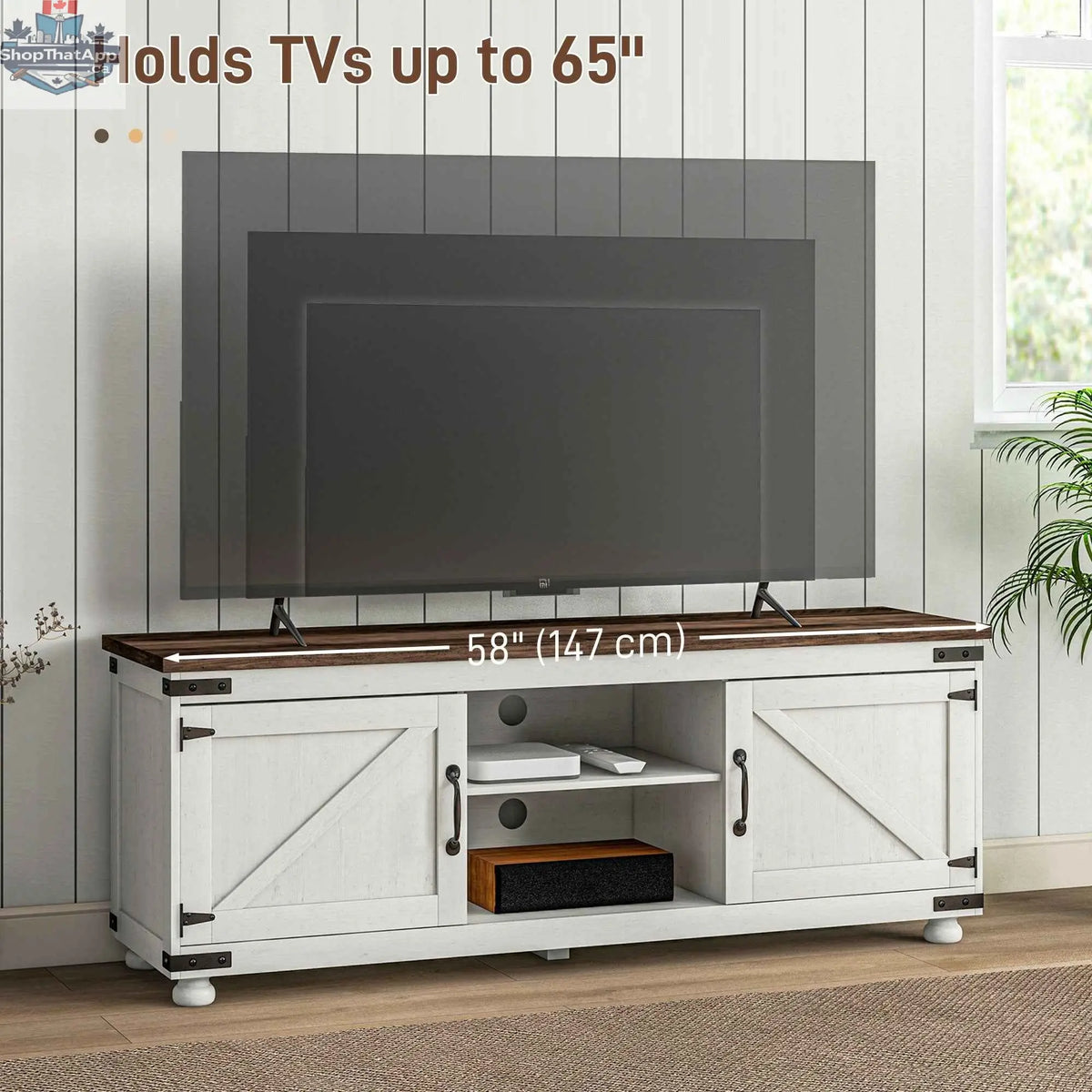 Kirby Farmhouse TV stand by SLOTH Nation with distressed white finish and small minimalist barn doors for TVs up to 65 inches