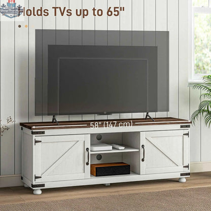 Kirby Farmhouse TV stand by SLOTH Nation with distressed white finish and small minimalist barn doors for TVs up to 65 inches