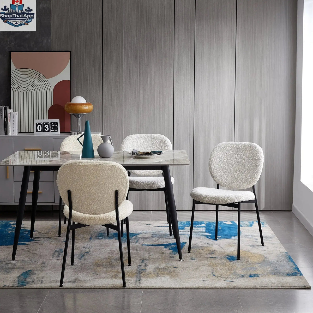 Hygge Design House Sashi Dining Chair in linen boucle fabric, modern wooden frame and upholstered seat for elegant dining room decor.