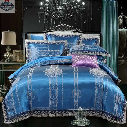 Luxury Jacquard Cotton Bedding Set by SLOTH Nation, includes duvet cover and silk-satin finish bed sheet in elegant design.