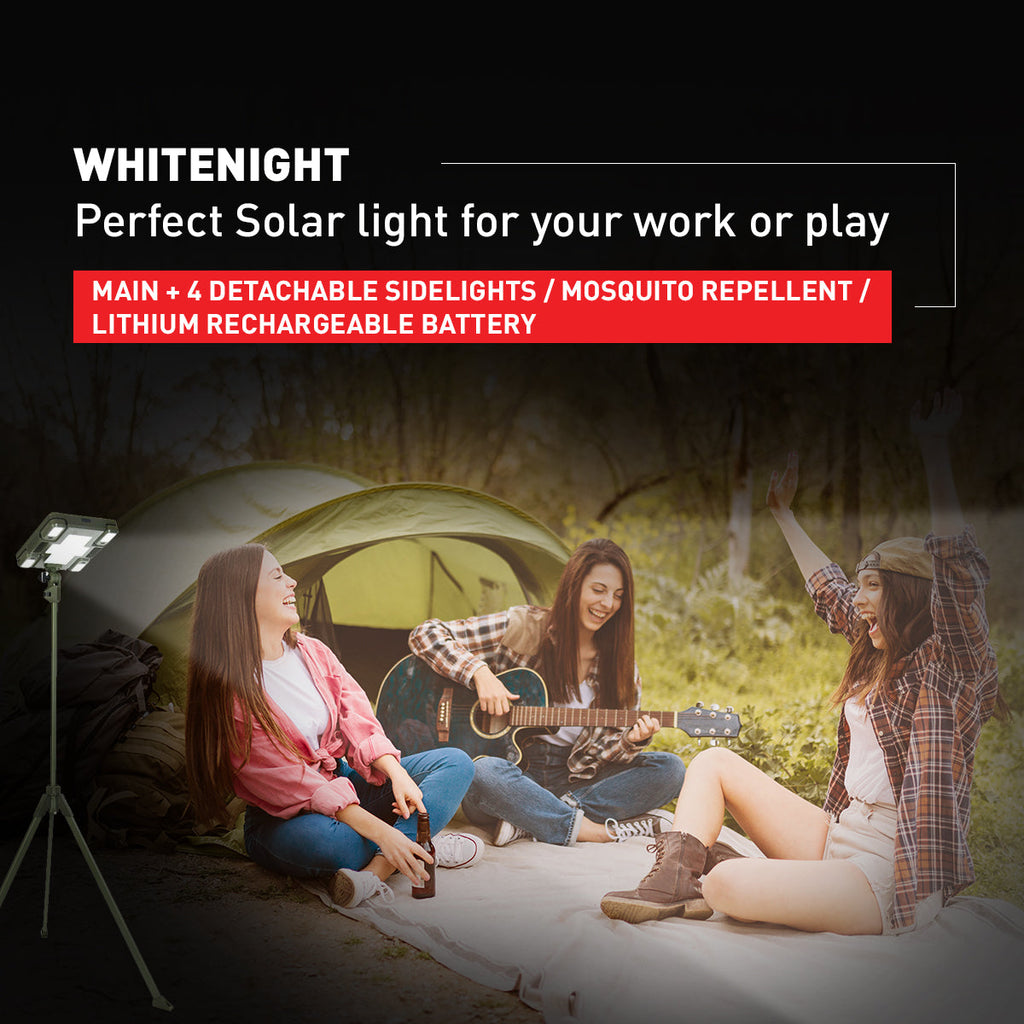 TRU De-LIGHT WHITENIGHT Multipurpose LED Solar / AC / DC - Garden, Camping Main Light + 4 Independent Detachable Multi Mode Side Lights / Tripod + Carrying Bag - Www.Shopthatapp.ca